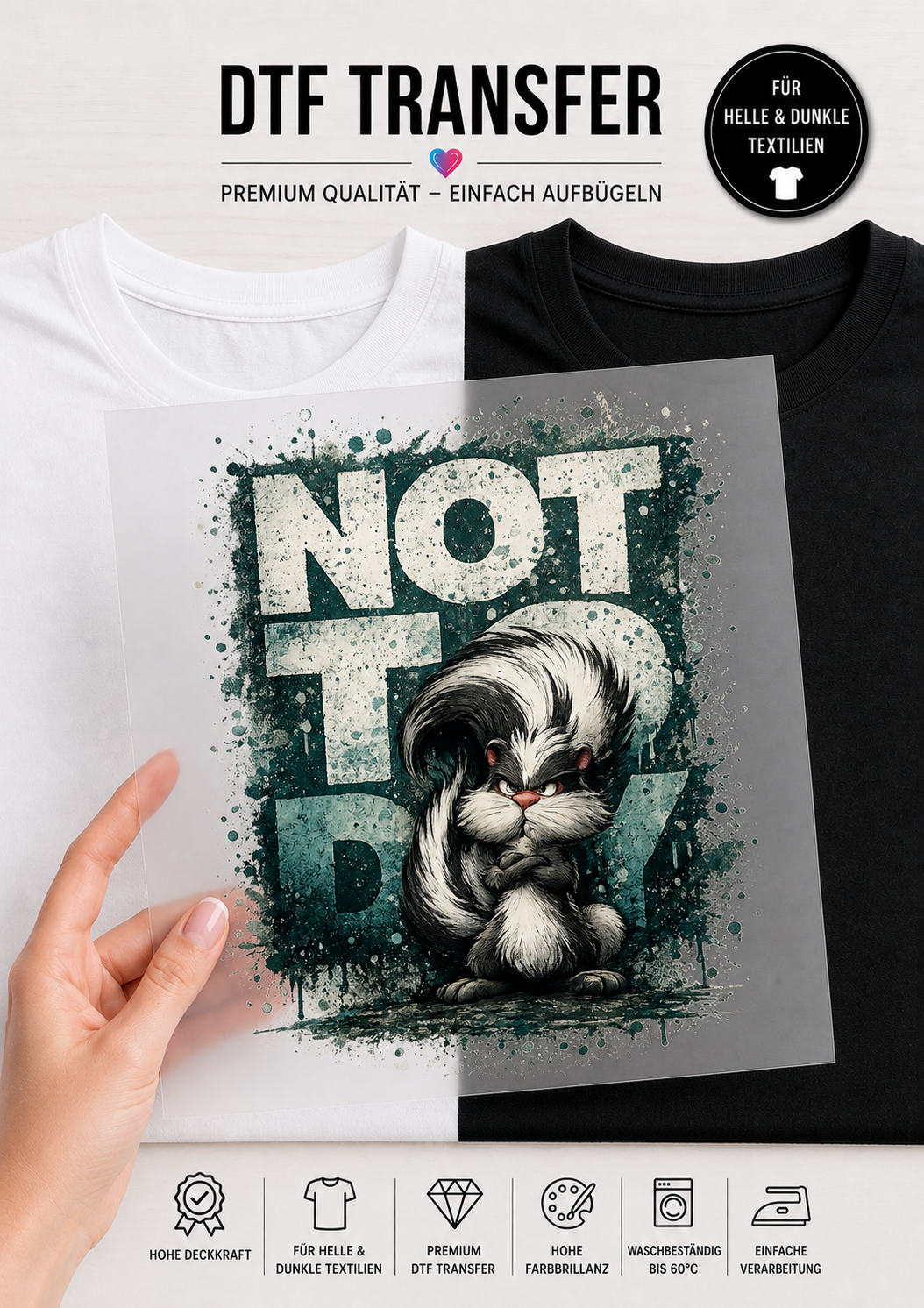Ein transparentes DTF-Transfer-Bügelbild, gehalten von einer Hand vor einem geteilten T-Shirt-Hintergrund (links weiß, rechts schwarz). Das Motiv zeigt ein grimmiges Comic-Stinktier in Schwarz-Weiß mit verschränkten Armen und einem großen, geschwungenen Schwanz. Im Hintergrund steht in großen, abgenutzten Buchstaben der englische Schriftzug „NOT TODAY“ auf einem grünlich-blauen Farbspritzer-Hintergrund. Am oberen und unteren Rand sind Produktinfos auf Deutsch zu sehen.
