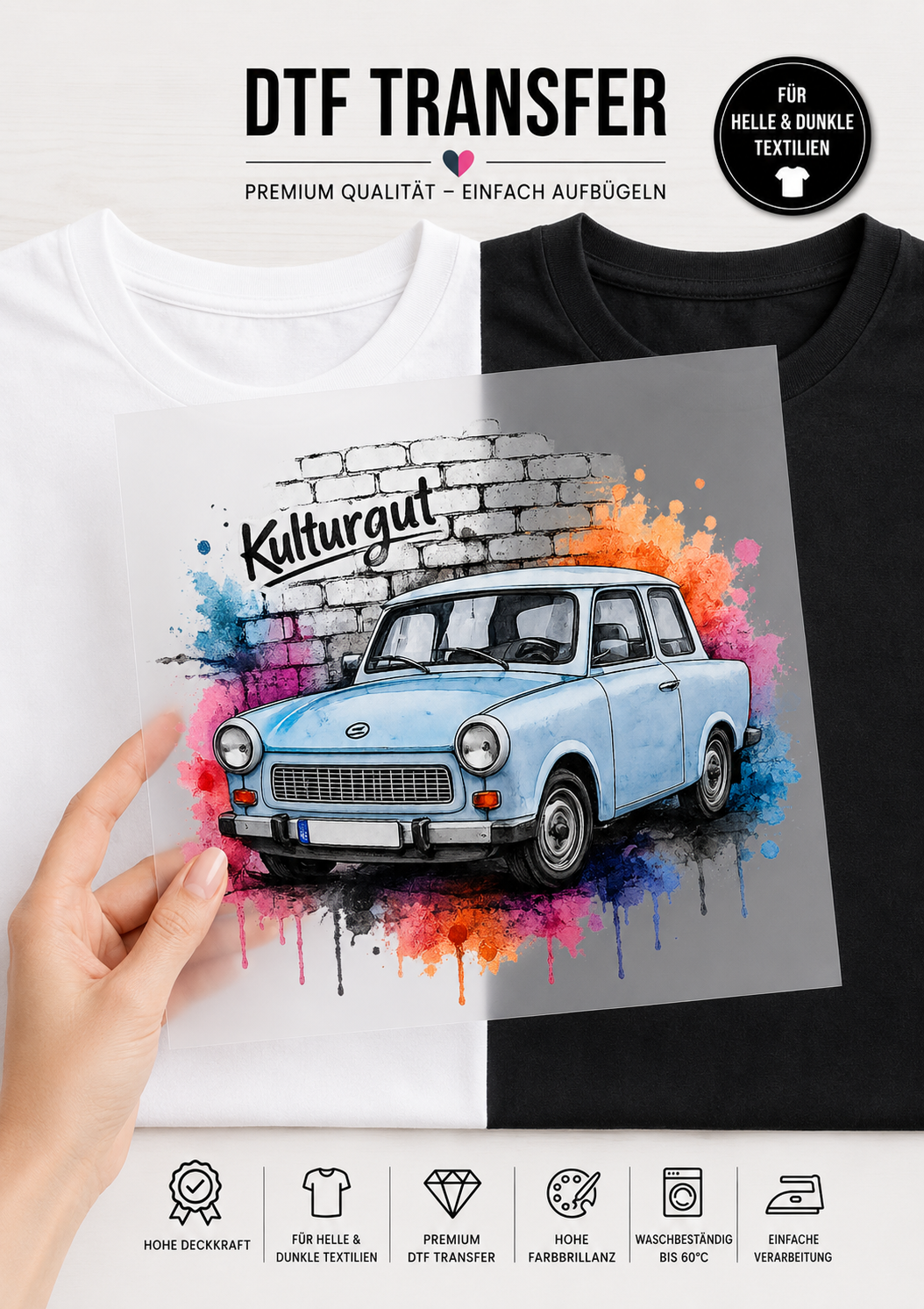 Produktbild für ein Trabant-Bügelbild bei Niggi’s Handmade. Gezeigt wird ein DTF-Transfer des blauen Aquarell-Trabant 601 mit dem Schriftzug 'Kulturgut' vor einem kontrastierenden schwarzen und weißen T-Shirt.