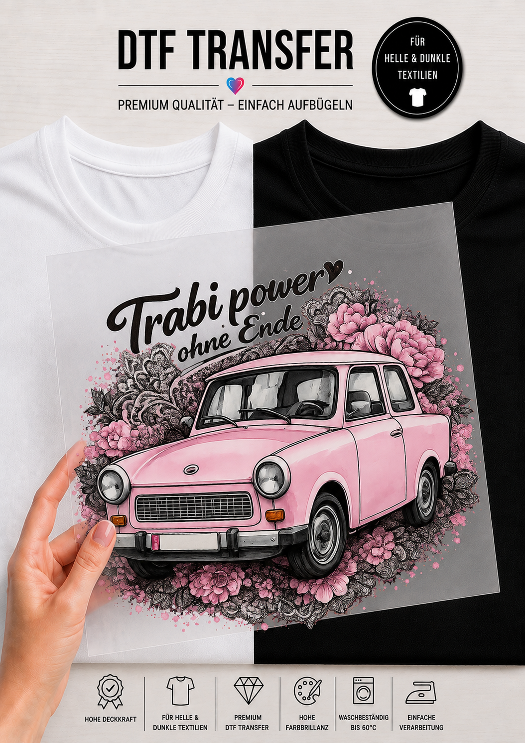 Transparente DTF-Transferfolie vor einem schwarz-weiß geteilten T-Shirt, bedruckt mit einem rosa Trabant 601 inmitten von rosa Blüten, Spitzenmustern und dem Schriftzug „Trabi power ohne Ende“.