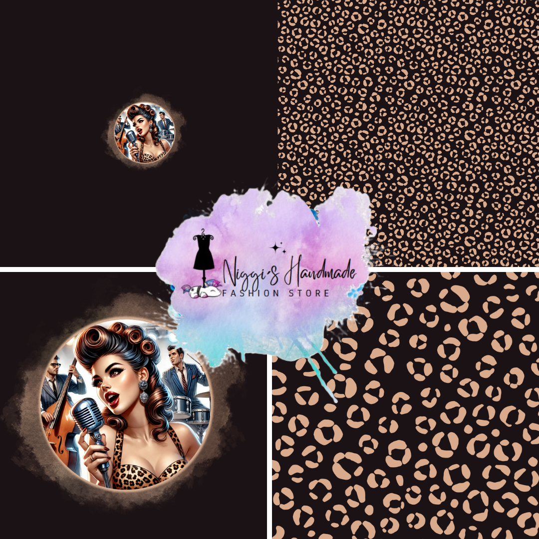 French Terry - Panel Rockabilly Leo Pin Up - GOTS Eigenproduktion - Braun- 180cm