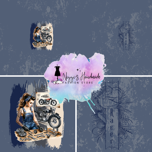 French Terry - Panel Rockabilly Schrauberin - GOTS Eigenproduktion - Blau/Grau - 180cm