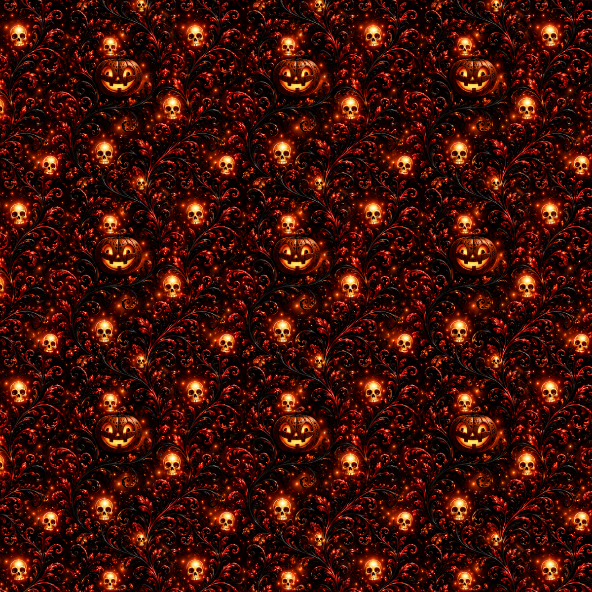 Exklusiver Allover-Stoff French Terry Spooky Grunge von Niggi's Handmade mit leuchtenden Halloween-Kürbissen und Totenköpfen auf dunklem, strukturiertem Hintergrund.