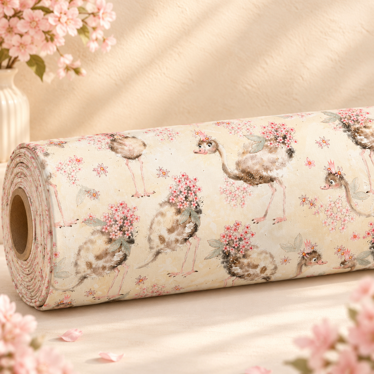 Professionelles Produktfoto einer horizontal liegenden Stoffrolle aus beigem French-Terry-Stoff mit einem umlaufenden Aquarell-Muster aus niedlichen Straußen mit rosa Blumenkronen.
