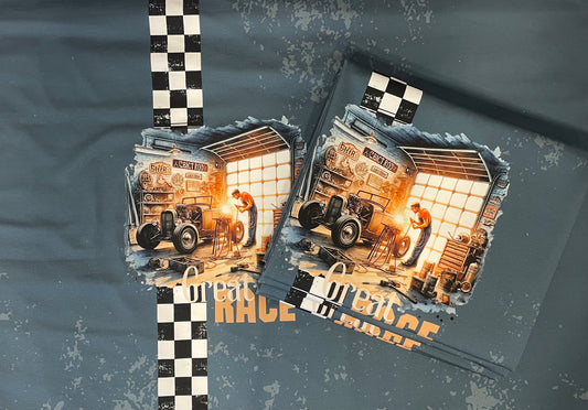 French Terry - Panel Rockabilly Great Race - GOTS Eigenproduktion - Blau/Grau - 180cm