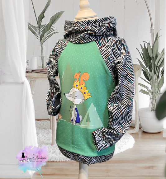 Weiches Bio Baumwoll French Terry Stoff Panel von Niggis Handmade mit dem Design "König Frechdachs" zum vernähen. Ideal für Sweatjacken, Hoodie oder anderen Nähprojekten.