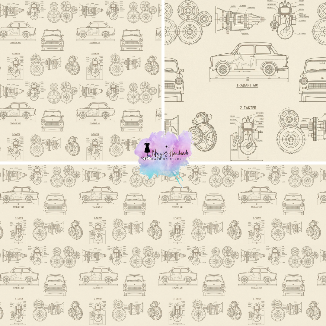 French Terry – Allover Trabant 601 Stoff „Technical Blueprint“ – Offizielle Lizenz - ÖKO-Tex 100 Eigenproduktion - Beige
