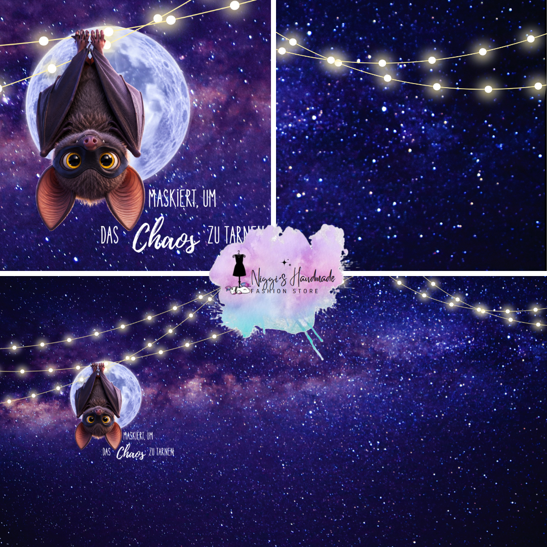 French Terry – Panel „Chaos Fledermaus“ Galaxie – GOTS Bio Eigenproduktion