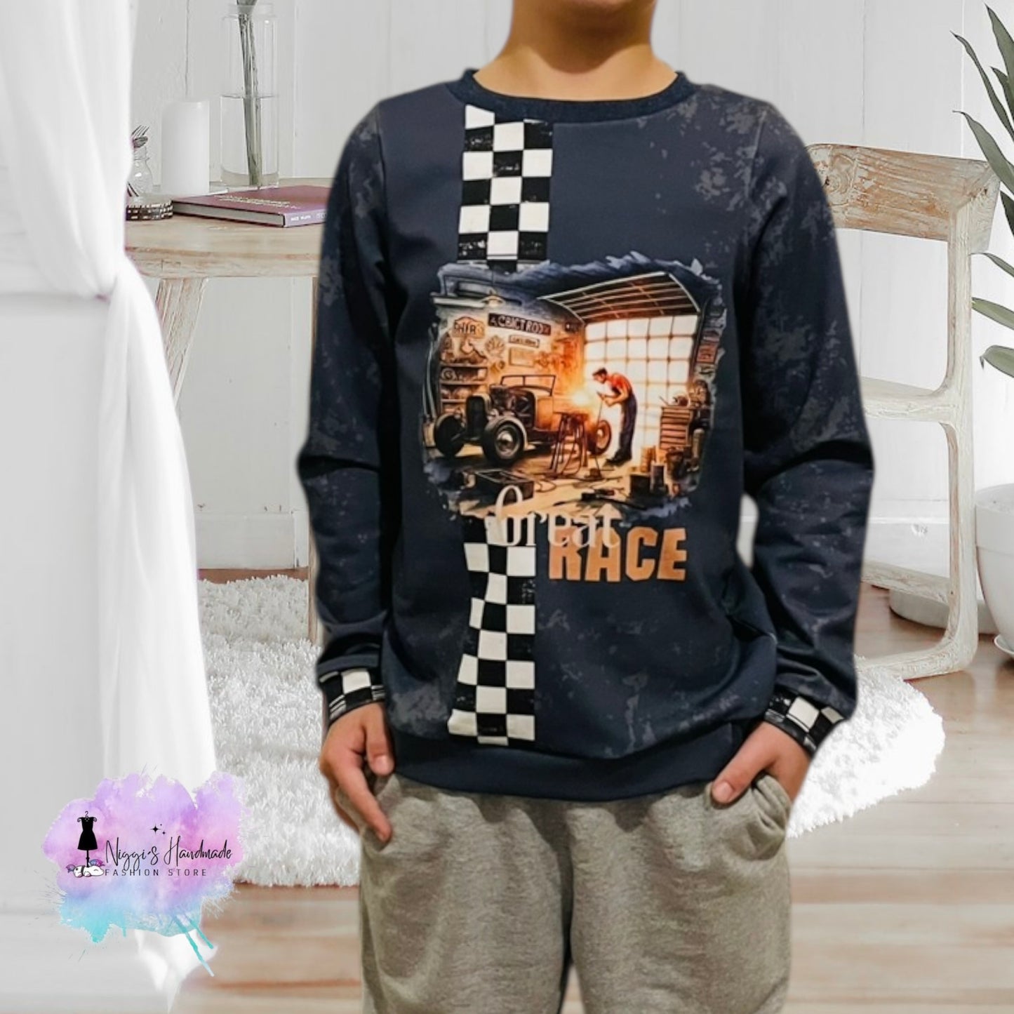 French Terry - Panel Rockabilly Great Race - GOTS Eigenproduktion - Blau/Grau - 180cm