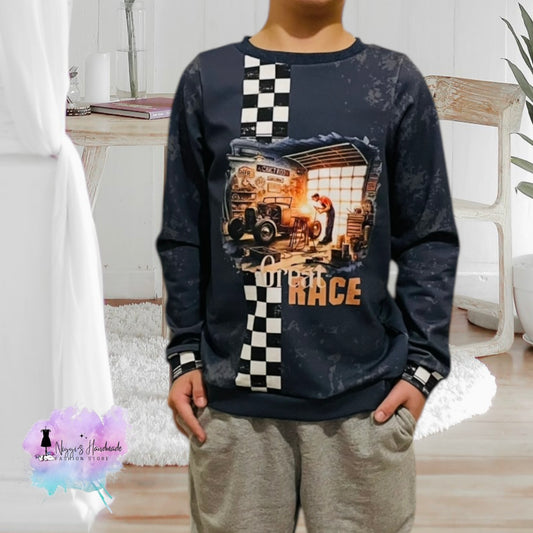 French Terry - Panel Rockabilly Great Race - GOTS Eigenproduktion - Blau/Grau - 180cm