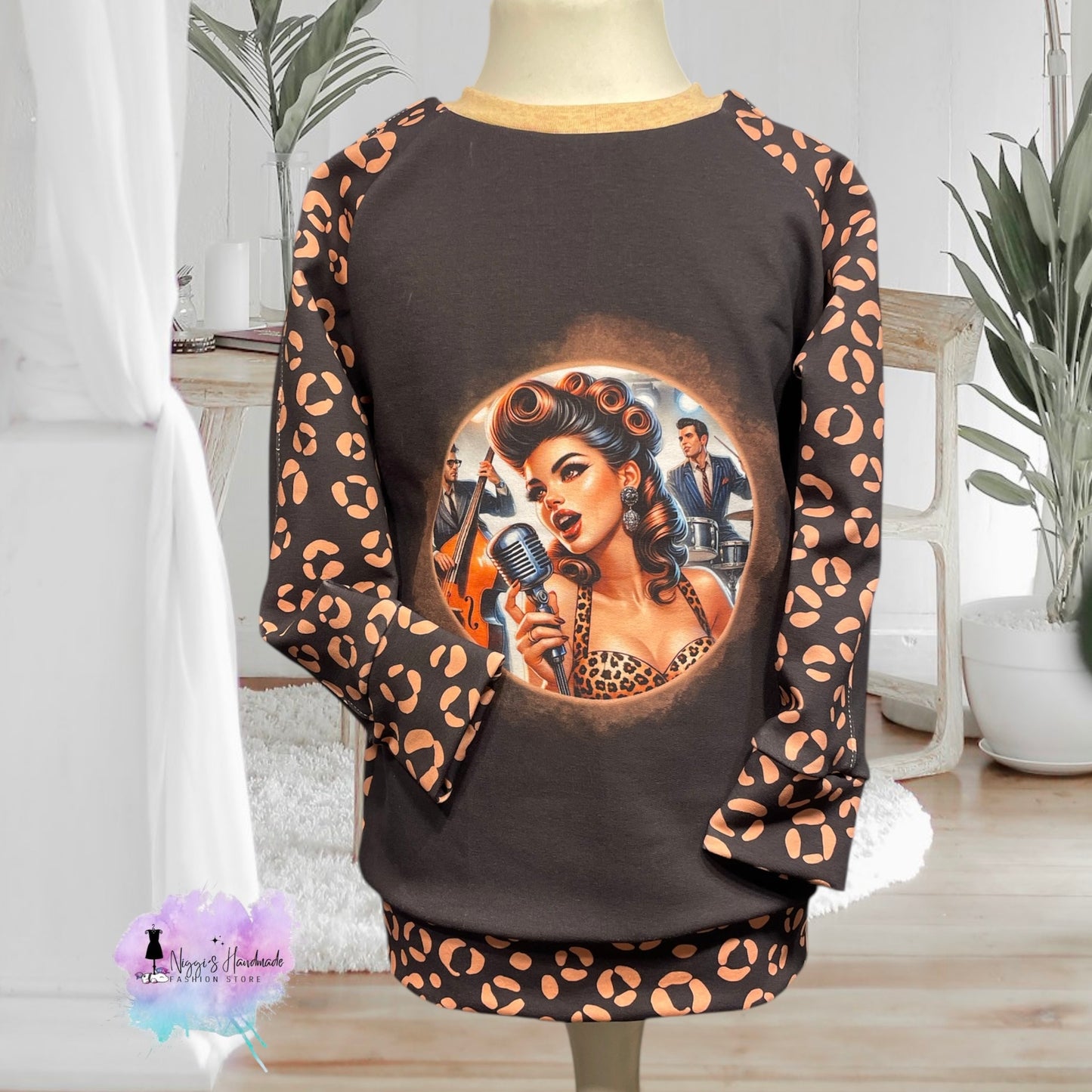 French Terry - Panel Rockabilly Leo Pin Up - GOTS Eigenproduktion - Braun- 180cm