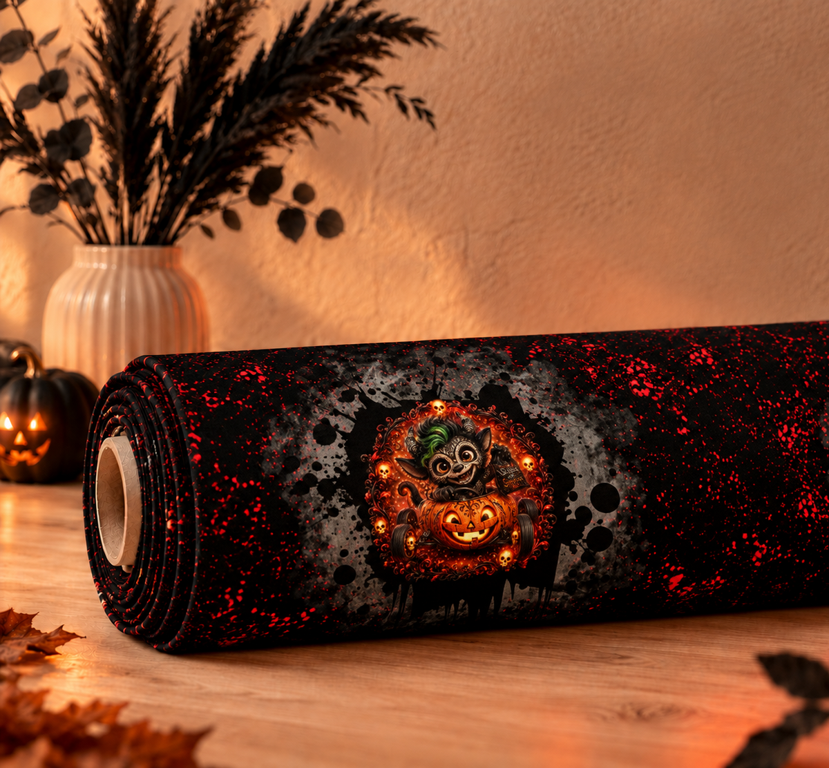 Ein professionelles Produktfoto einer Stoffrolle mit dem Halloween-Monster-Panel auf einem Holztisch vor einer hellen Wand mit rundem Neon-Schild New Drop.
