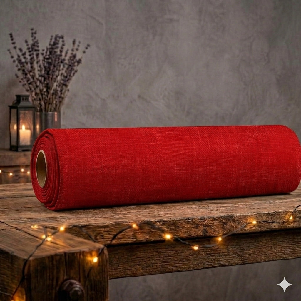 Eine aufgerollte Stoffrolle des roten French Terry Allover-Stoffs „Feurige Struktur“ von Niggi's Handmade liegt auf einem rustikalen Holztisch. Das leuchtend rote Design zeigt eine melierte Textur im Denim- und Leinen-Look. Im gemütlichen Hintergrund stehen getrockneter Lavendel und eine Laterne mit brennender Kerze, umrahmt von einer warm leuchtenden Lichterkette im Vordergrund.