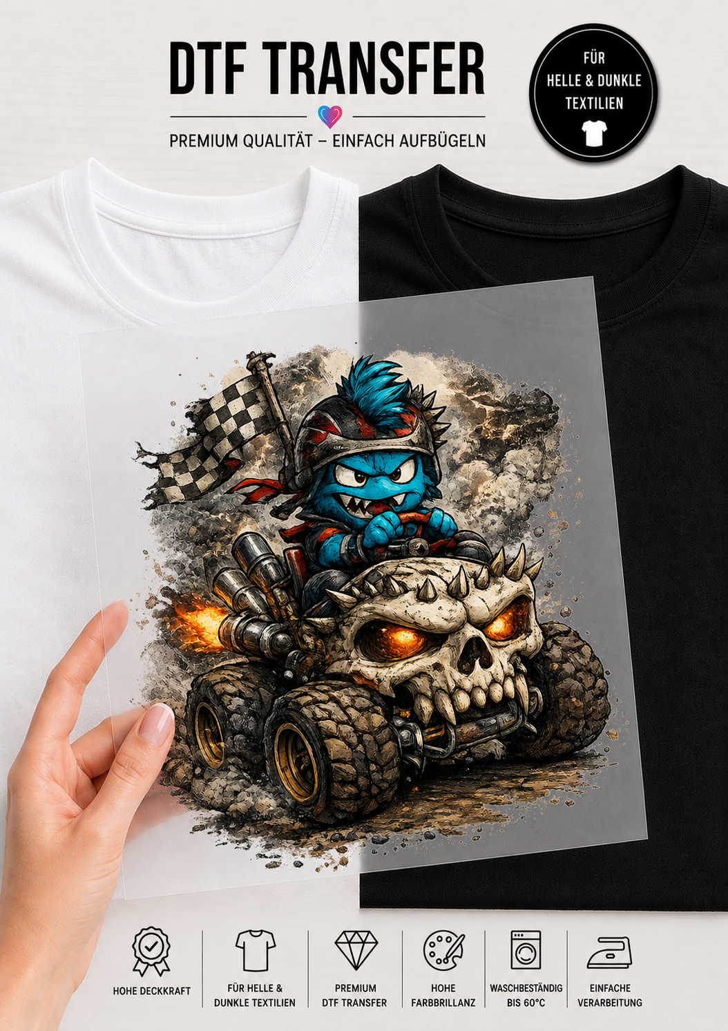 Ein transparentes DTF-Transfer-Bügelbild, gehalten von einer Hand vor einem geteilten T-Shirt-Hintergrund (links weiß, rechts schwarz). Das farbenfrohe Motiv zeigt ein blaues Comic-Monster mit Helm und Zähnen, das ein vierrädriges Quad-Bike mit einem großen Totenkopf an der Front steuert. Das Quad hat große Reifen, eine geschwenkte schwarz-weiß karierte Zielflagge und brennende Auspuffrohre. Am oberen und unteren Rand sind Produktinfos auf Deutsch zu sehen.