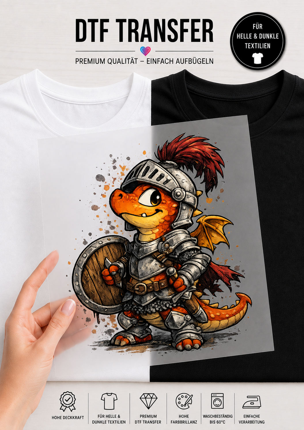 Ein transparentes DTF-Transfer-Bügelbild, gehalten von einer Hand vor einem geteilten T-Shirt-Hintergrund (links weiß, rechts schwarz). Das farbenfrohe Motiv zeigt einen niedlichen, orangefarbenen Comic-Drachen, der eine silberne Ritterrüstung mit Helm und einem roten Federbusch trägt. Der Drache hat kleine Flügel, einen Schwanz mit Stacheln und hält einen runden Holzschild im Arm. Am oberen und unteren Rand sind Produktinfos auf Deutsch zu sehen.