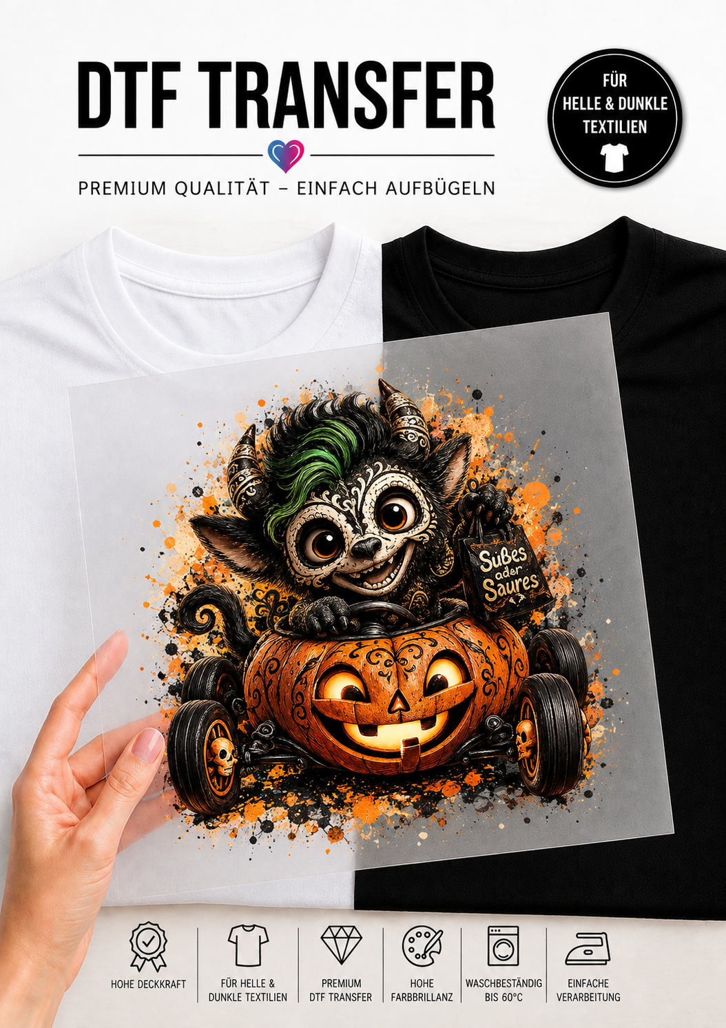 DTF-Bügelbild-Transferfolie mit einem Halloween-Monster im Kürbis-Rennwagen mit „Süßes oder Saures“-Tasche, präsentiert auf einem weißen und einem schwarzen T-Shirt.