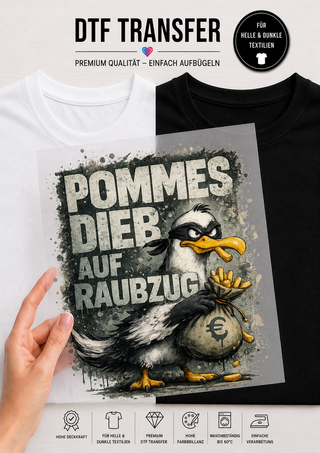 Werbebild für das DTF-Transfer-Bügelbild „Pommesdieb auf Raubzug“ von Niggi's Handmade Fashion Store. Eine Hand hält die transparente Transferfolie vor ein weißes und ein schwarzes T-Shirt. Das Motiv im detailreichen Comic- und Grunge-Stil zeigt eine grimmig blickende Möwe mit schwarzer Augenmaske, die einen Geldsack mit Euro-Symbol hält und Pommes im Schnabel sowie im Flügel hat. Im Hintergrund steht der Schriftzug „POMMES DIEB AUF RAUBZUG“. Unten sind Symbole für hohe Deckkraft, Waschbeständigkeit bis 60 