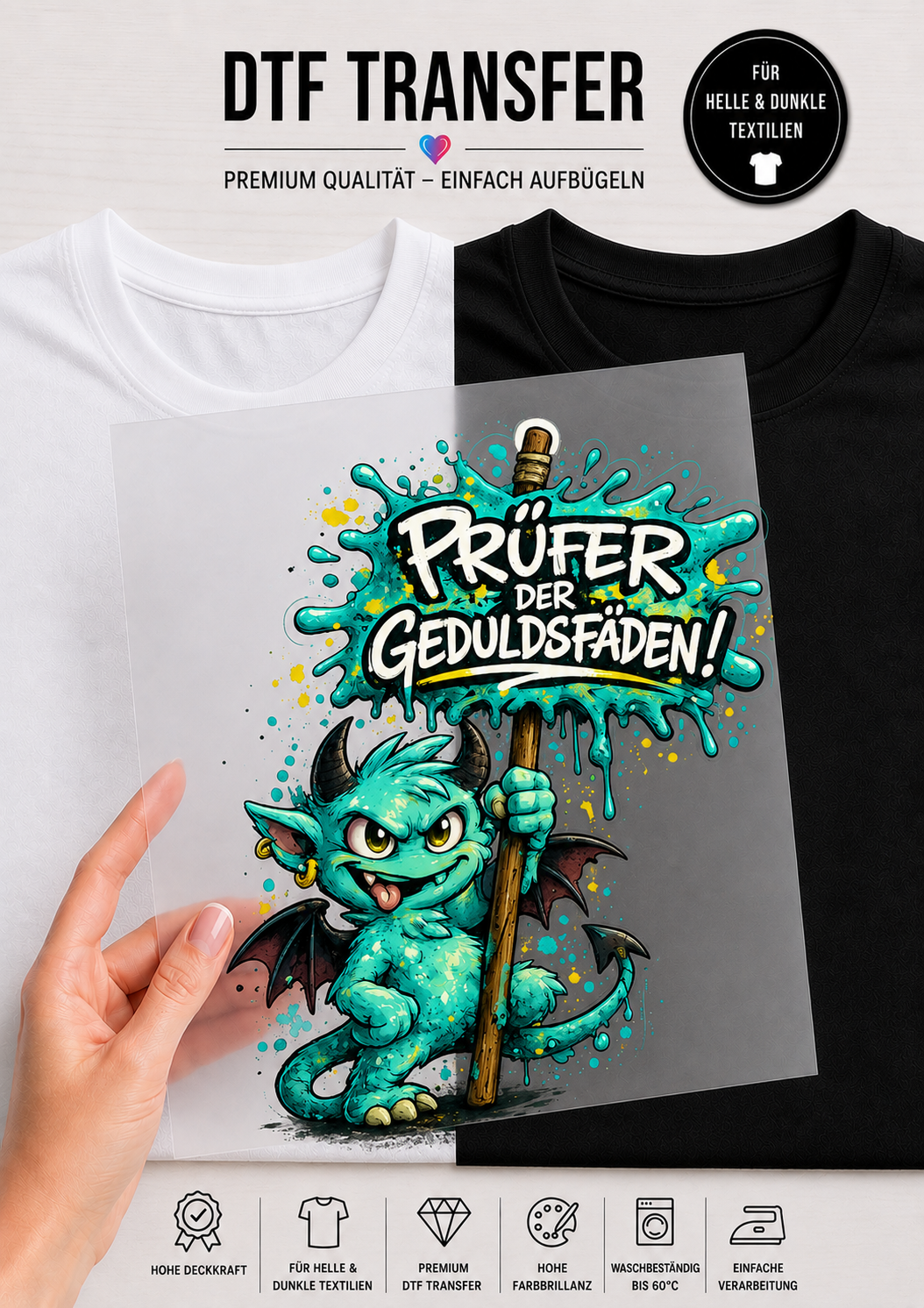 Werbebild für das DTF-Transfer-Bügelbild „Prüfer der Geduldsfäden“ von Niggi's Handmade Fashion Store. Eine Hand hält die transparente Transferfolie vor ein weißes und ein schwarzes T-Shirt. Das Motiv im detailreichen Comic-Stil zeigt ein freches, türkisfarbenes Monster mit Flügeln und Hörnern, das ein Schild mit der Aufschrift „PRÜFER DER GEDULDSFÄDEN!“ hält. Um das Schild herum sind bunte Farbspritzer in Blau und Grün zu sehen. Unten im Bild befinden sich Symbole für die Produktmerkmale.