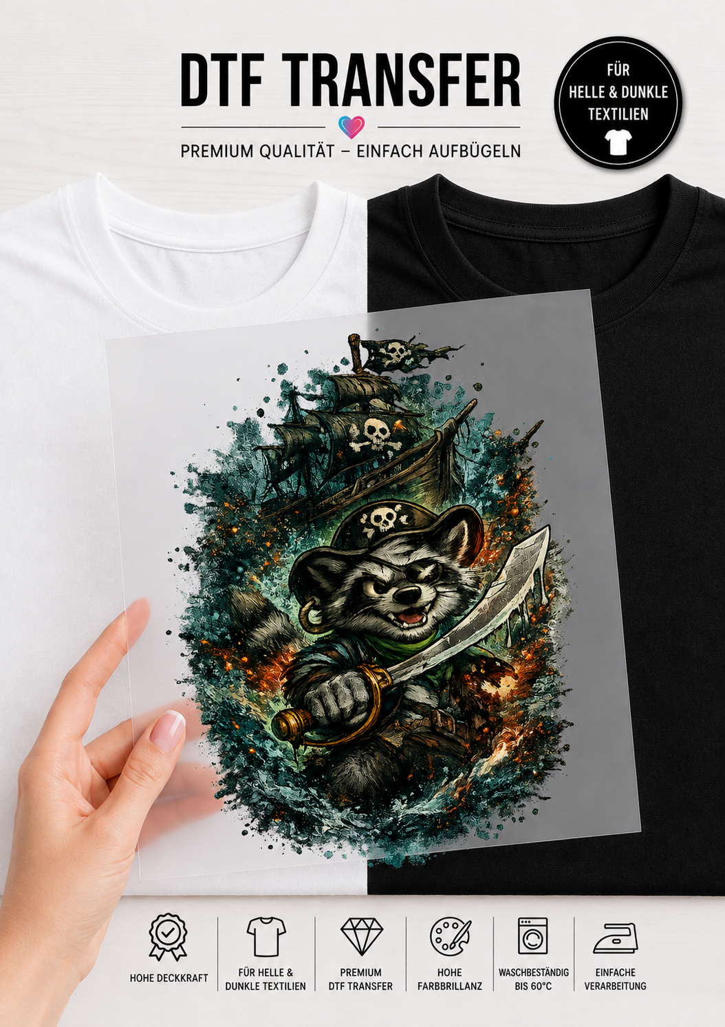 Ein transparentes DTF-Transfer-Bügelbild, gehalten von einer Hand vor einem geteilten T-Shirt-Hintergrund (links weiß, rechts schwarz). Das detailreiche Motiv zeigt einen wilden Comic-Waschbären als Pirat mit Augenklappe und Piratenhut, der einen großen Säbel nach vorne streckt. Im Hintergrund ist ein altes, hölzernes Piratenschiff mit zerrissenen Segeln und Totenkopfflaggen auf stürmischer See zu sehen, umgeben von grün-blauen Farbspritzern. Am oberen und unteren Rand befinden sich Produktinfos auf Deutsch