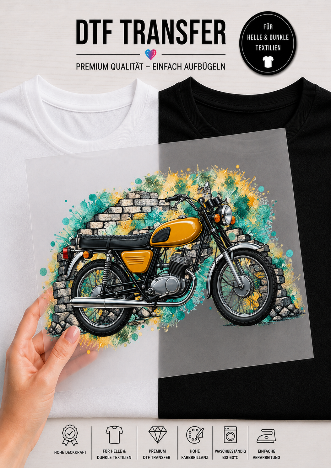 Transparente DTF-Transferfolie vor einem geteilten schwarz-weißen T-Shirt, bedruckt mit einem gelben Oldtimer-Moped vor einer Steinmauer und modernen gelb-türkisen Farbspritzern.