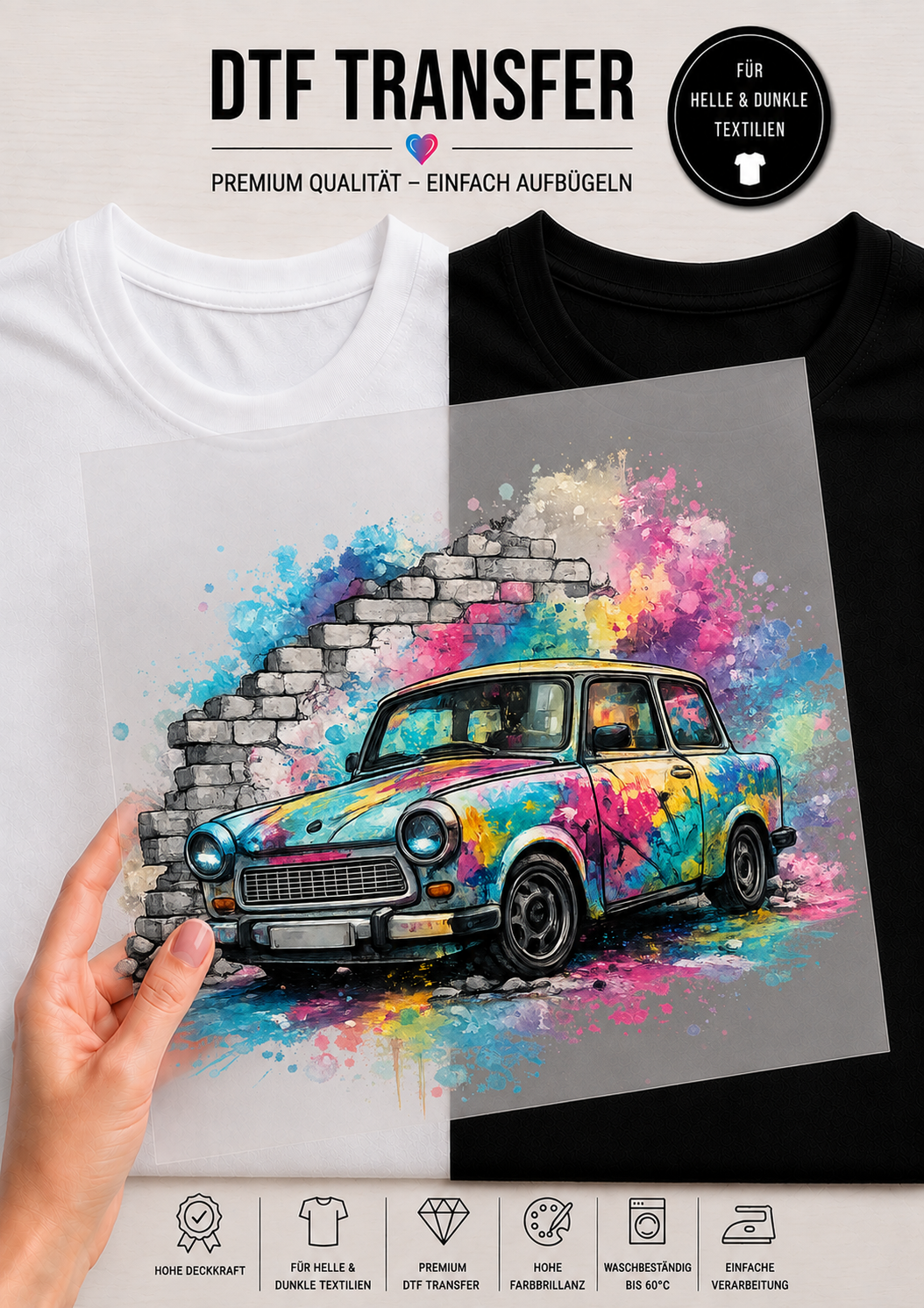 Transparente DTF-Transferfolie vor einem geteilten weißen und schwarzen T-Shirt, bedruckt mit einem bunten, im Graffiti-Stil bemalten Trabant 601 vor einer Backsteinmauer und einer farbenfrohen Aquarell-Farbexplosion.