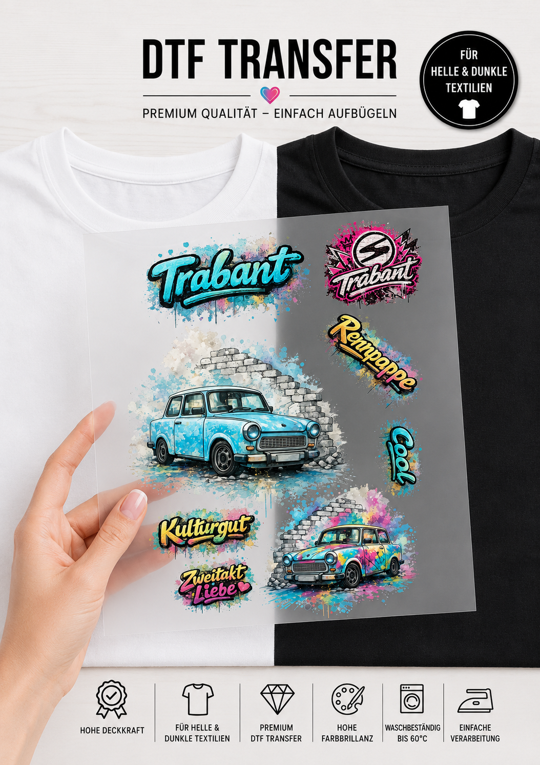Produktbild für ein Trabant-Bügelbild-Set bei Niggi’s Handmade. Gezeigt wird ein DIN A4 DTF-Transferbogen mit verschiedenen Motiven, Logos und Schriftzügen wie 'Rennpappe' und 'Zweitakt Liebe' vor einem schwarzen und weißen T-Shirt.