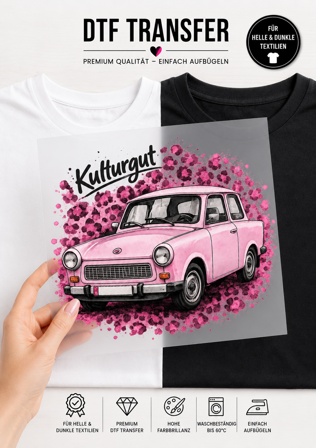 Produktbild für ein Trabant-Bügelbild bei Niggi’s Handmade. Gezeigt wird ein DTF-Transfer eines rosafarbenen Trabant 601 mit Leo-Muster und dem Schriftzug 'Kulturgut' vor einem kontrastierenden schwarzen und weißen T-Shirt.