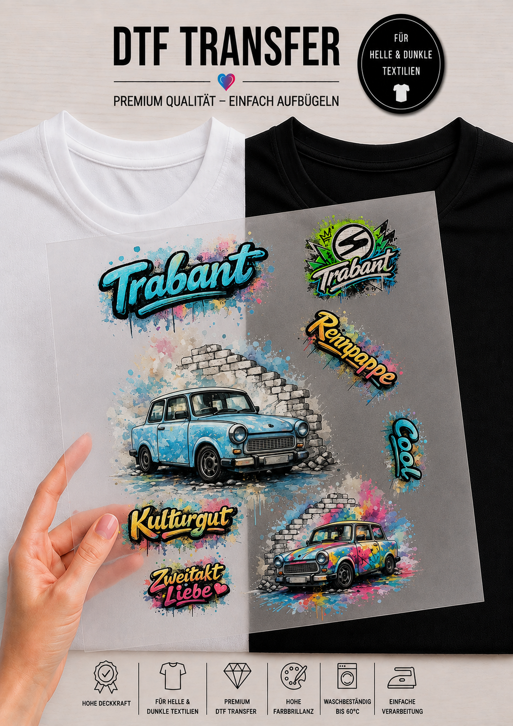 Transparente DTF-Transferfolie im DIN A4 Format gehalten vor einem weißen und schwarzen T-Shirt, bedruckt mit verschiedenen Trabant 601 Automotiven und Graffiti-Schriftzügen wie Rennpappe und Zweitakt Liebe.