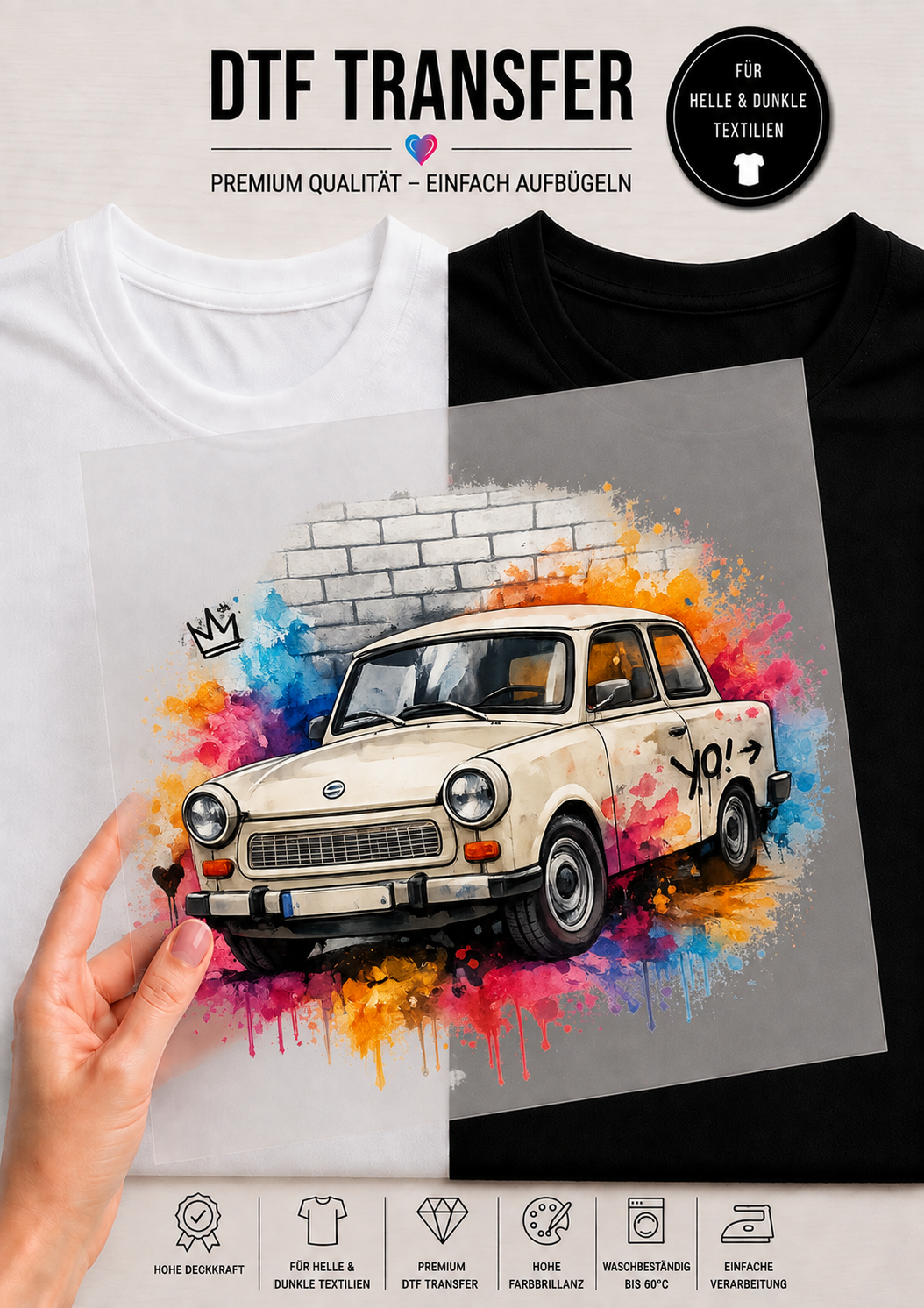 Transparente DTF-Transferfolie vor einem geteilten weißen und schwarzen T-Shirt, bedruckt mit einem papyrusweißen Trabant 601 vor einer Backsteinmauer und einer bunten Graffiti-Farbexplosion.
