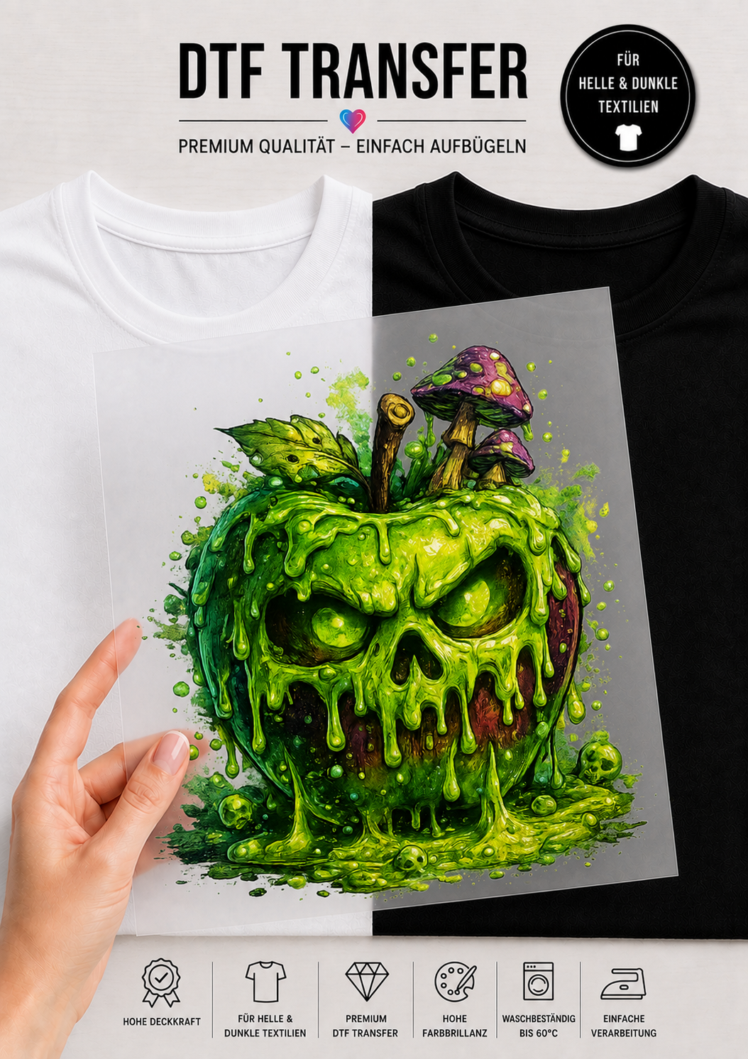 Werbebild für das DTF-Transfer-Bügelbild „Giftapfel“ von Niggi's Handmade Fashion Store. Eine Hand hält die transparente Transferfolie vor ein weißes und ein schwarzes T-Shirt. Das Motiv im detailreichen Grunge-Stil zeigt einen giftgrünen Apfel in Form eines unheimlichen Totenkopfs, von dem grüner Schleim tropft. Auf dem Apfel wachsen lila-grüne Pilze. Unten sind Symbole für hohe Deckkraft, Waschbeständigkeit bis 60 Grad und einfache Verarbeitung abgebildet.