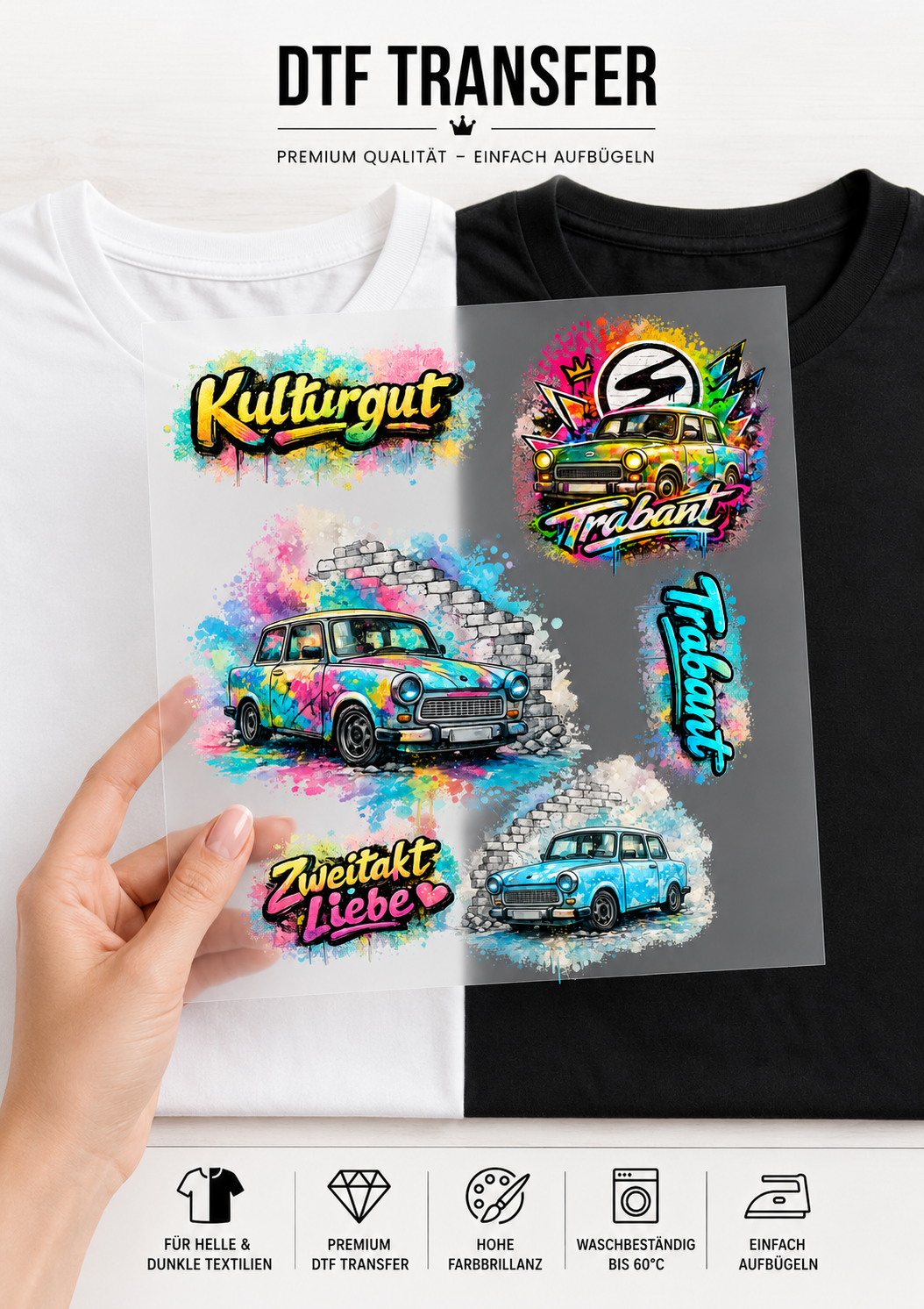 Produktbild für ein Trabant-Bügelbild-Set bei Niggi’s Handmade. Gezeigt wird ein DIN A4 DTF-Transferbogen mit verschiedenen Trabant-601-Fahrzeugmotiven im Aquarell- und Graffiti-Stil sowie den Schriftzügen 'Kulturgut' und 'Zweitakt Liebe' vor einem schwarzen und weißen T-Shirt.