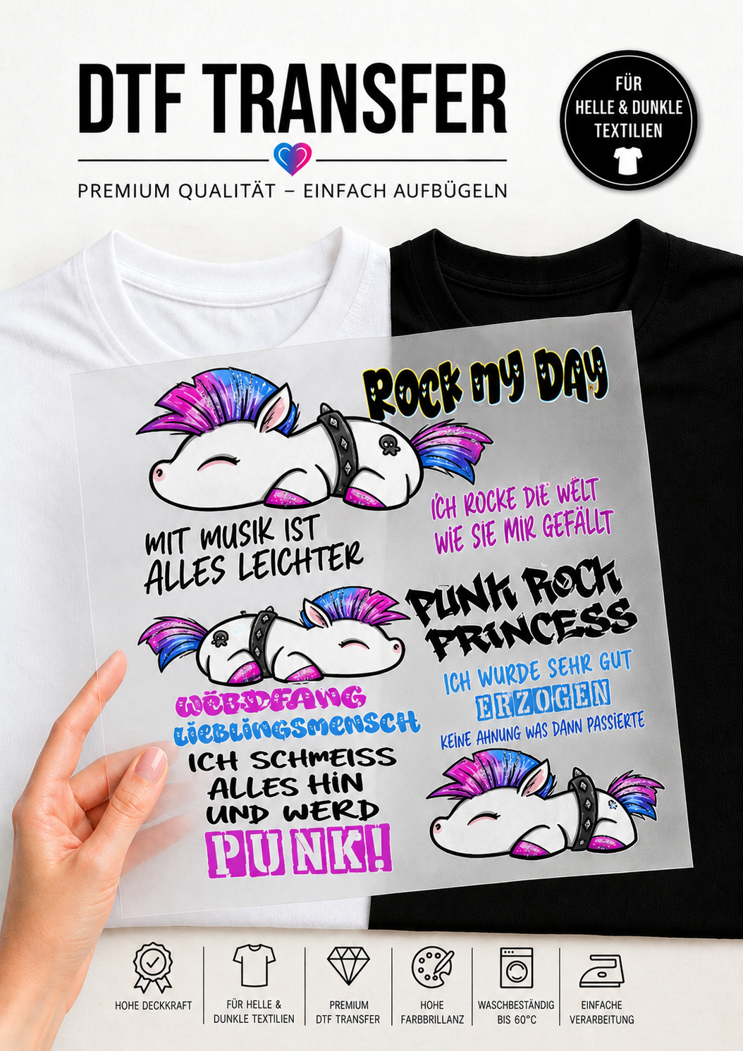 DTF-Transfer Bogen A4 | Bügelbild – „Punk-Rock Princess Einhorn“