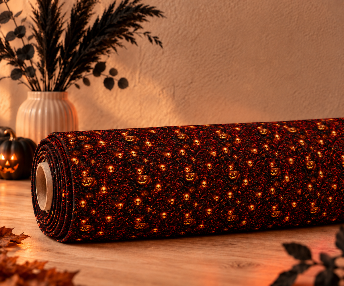 ine Stoffrolle des Halloween Allover-Stoffs Spooky Grunge liegt auf einem hellen Holztisch.
