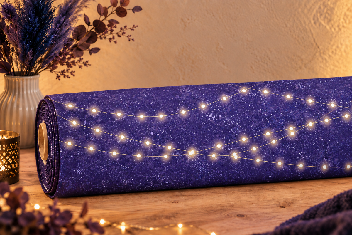 Eine Stoffrolle aus violettem French Terry mit einem feinen Allover-Muster aus hellen Farbspritzern und Punkten, die wie eine Galaxie wirken, umwickelt mit einer Lichterkette.