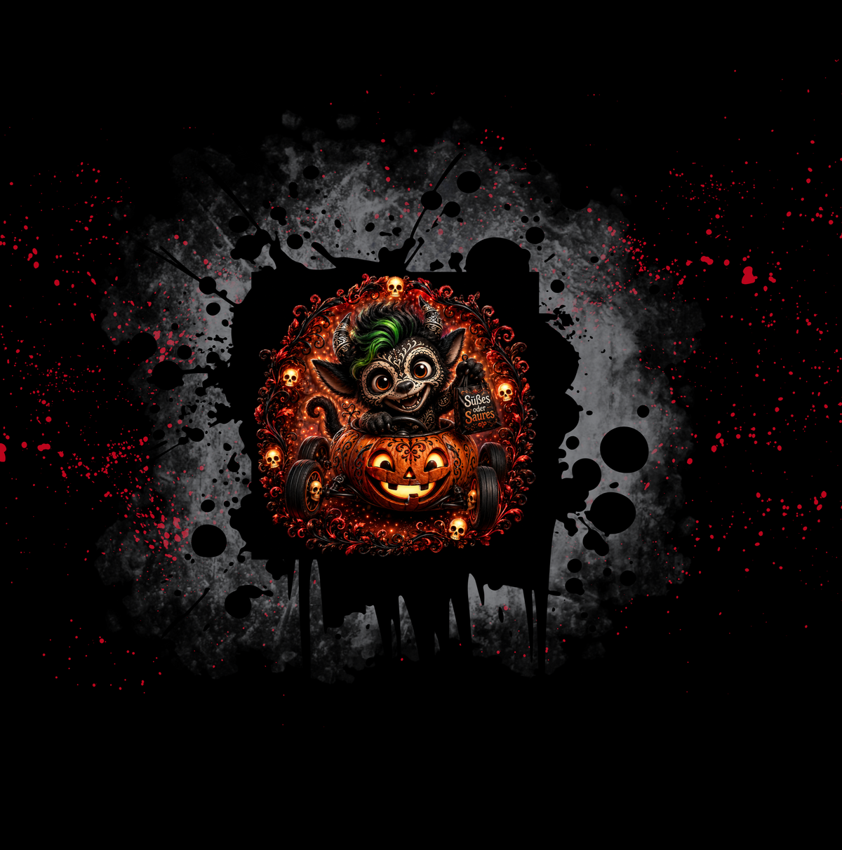 Halloween-Stoff-Panel Spooky Grunge mit einem kleinen, frechen Monster mit grünen Haaren, das auf einem geschnitzten, leuchtenden Kürbis sitzt, umgeben von roten Farbspritzern.