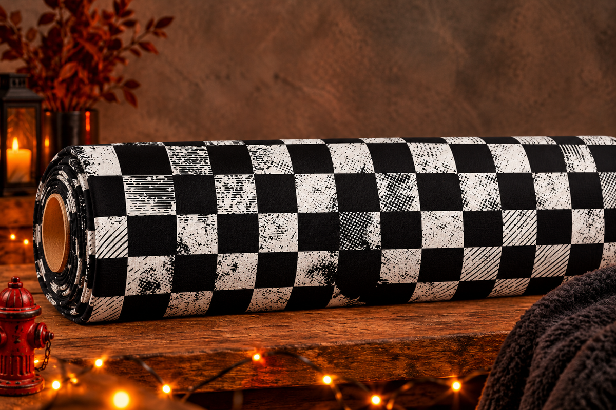 Eine Stoffrolle des exklusiven French Terry Allover-Stoffs von Niggi's Handmade mit einem schwarz-weißen Schachbrettmuster im Grunge- und Used-Look, dekoriert auf einem Holztisch mit Lichterkette.