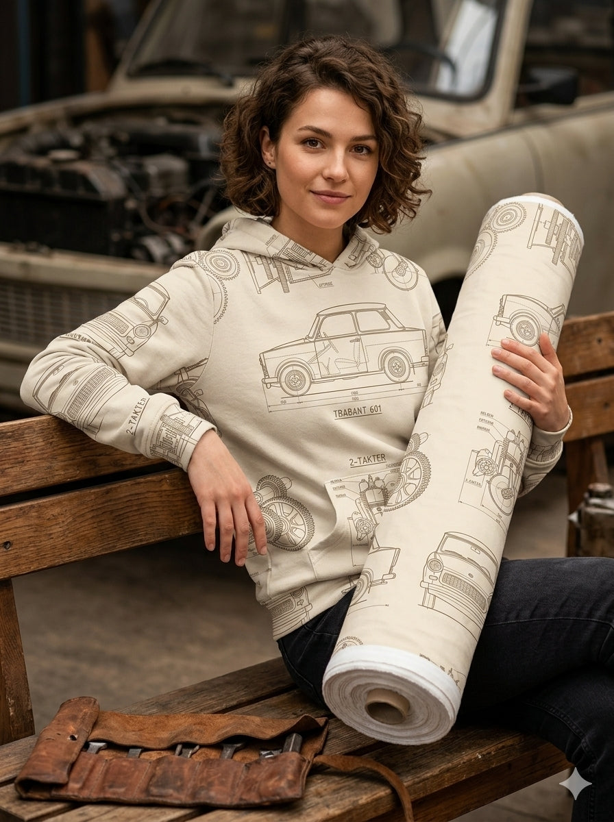 Eine junge Frau mit braunen Locken sitzt lächelnd auf einer Holzbank und hält eine große Stoffrolle. Sie trägt einen Hoodie, der aus demselben beigefarbenen French-Terry-Stoff mit technischen Trabant-601-Blaupausen genäht ist. Im Vordergrund liegt eine geöffnete Werkzeugtasche aus Leder, im Hintergrund steht ein historischer Trabant mit geöffneter Motorhaube.