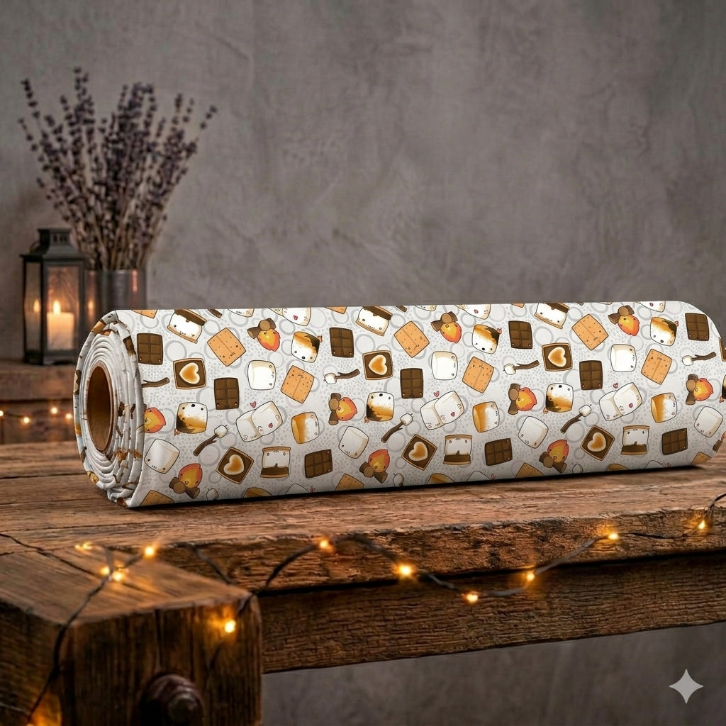 Eine aufgerollte Stoffrolle des French Terry Allover-Stoffs „Gemütliches Lagerfeuer & S'mores“ von Niggi's Handmade liegt auf einem rustikalen Holztisch. Das gemusterte Design zeigt kleine Schokoladentafeln, Kekse, brennende Lagerfeuer und süße Marshmallows mit Gesichtern. Im Hintergrund stehen getrocknete Lavendelzweige und eine Laterne mit brennender Kerze neben einer warm leuchtenden Lichterkette.