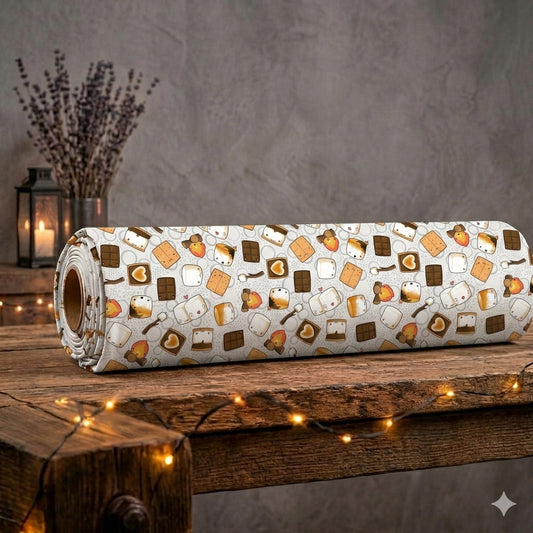 Eine aufgerollte Stoffrolle des French Terry Allover-Stoffs „Gemütliches Lagerfeuer & S'mores“ von Niggi's Handmade liegt auf einem rustikalen Holztisch. Das gemusterte Design zeigt kleine Schokoladentafeln, Kekse, brennende Lagerfeuer und süße Marshmallows mit Gesichtern. Im Hintergrund stehen getrocknete Lavendelzweige und eine Laterne mit brennender Kerze neben einer warm leuchtenden Lichterkette.