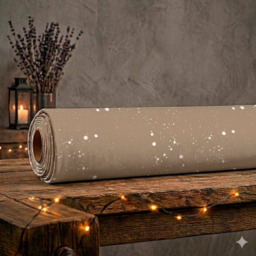 Eine aufgerollte Stoffrolle des taupefarbenen French Terry Allover-Stoffs „Sanftes Schneegestöber“ von Niggi's Handmade liegt auf einem rustikalen Holztisch. Das graubraune Design zeigt ein feines Muster aus kleinen, weißen Farbspritzern und Punkten, die wie Schneeflocken wirken. Im Vordergrund befindet sich das bunte Logo von Niggi's Handmade Fashion Store, im Hintergrund leuchten dezente Lichter.