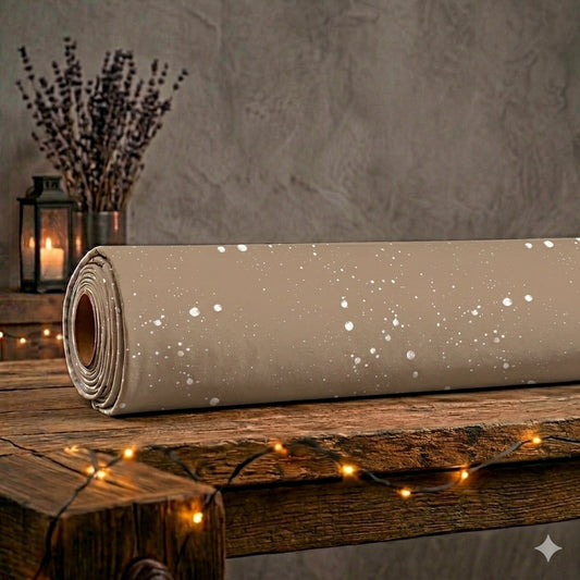 Eine aufgerollte Stoffrolle des taupefarbenen French Terry Allover-Stoffs „Sanftes Schneegestöber“ von Niggi's Handmade liegt auf einem rustikalen Holztisch. Das graubraune Design zeigt ein feines Muster aus kleinen, weißen Farbspritzern und Punkten, die wie Schneeflocken wirken. Im Vordergrund befindet sich das bunte Logo von Niggi's Handmade Fashion Store, im Hintergrund leuchten dezente Lichter.