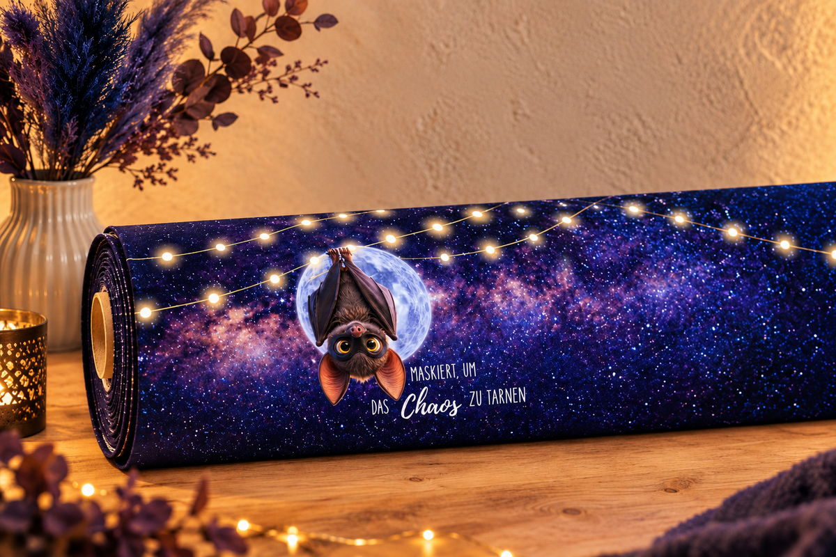 Exklusive Stoffrolle des French Terry Panels Chaos Fledermaus von Niggis Handmade auf einem Holztisch, bedruckt mit einer süßen Fledermaus vor einem Vollmond im galaktischen Sternenhimmel und dem Spruch Maskiert, um das Chaos zu tarnen.