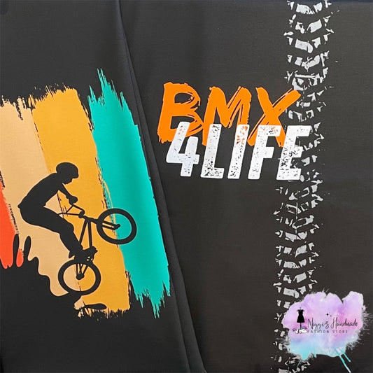 Weiches Bio Baumwoll French Terry Stoff Panel von Niggis Handmade mit dem Design "BMX 4Life" zum vernähen. Ideal für Sweatjacken, Hoodie oder anderen Nähprojekten.