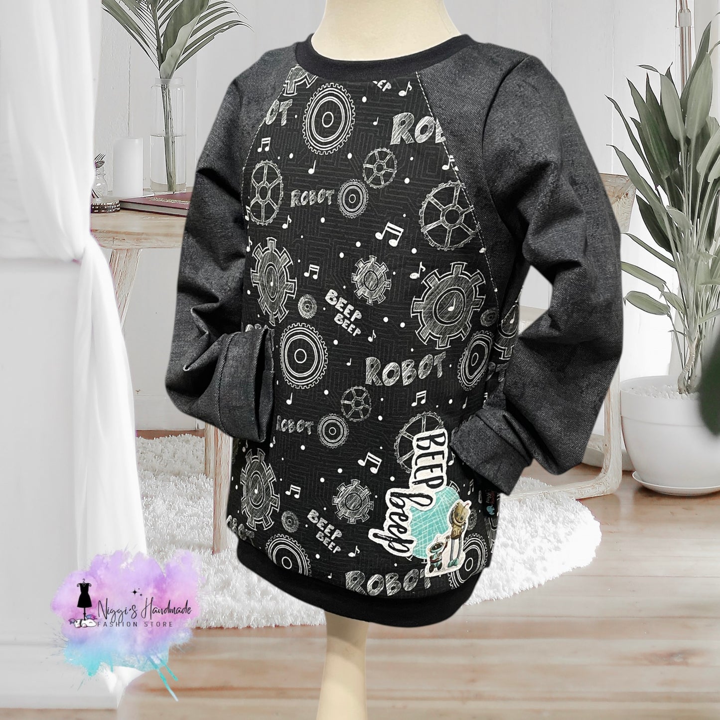 Weiches Bio Baumwoll French Terry Stoff von Niggis Handmade mit dem Design "Jeans" zum vernähen. Ideal für Sweatjacken, Hoodies oder andere Kleidungsstücke.