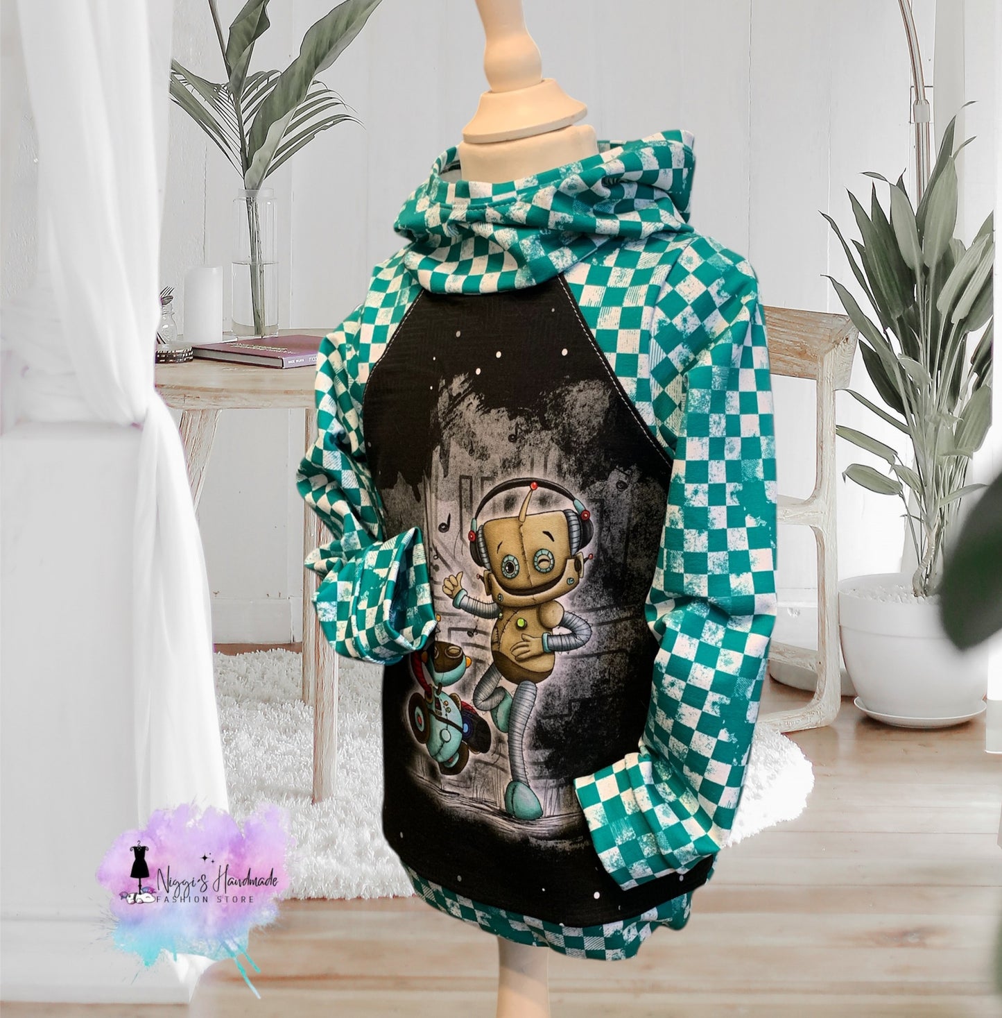 Weiches Bio Baumwoll French Terry Stoff von Niggis Handmade mit dem Design "Mini Kacheln" zum vernähen. Ideal für Hosen, Hoodies oder andere Kleidungsstücke.
