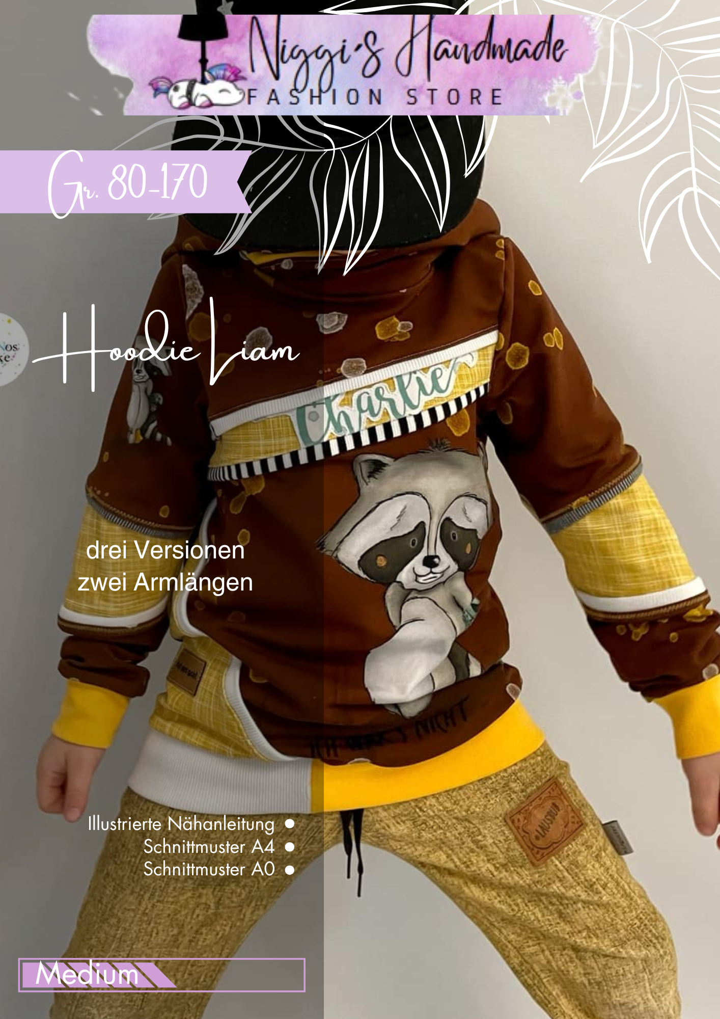 Fashion Ebook Schnittmuster für einen Hoodie Liam für Kinder in den Größe 80-170 in DIN- A4 & DIN-A0 PDF zum download