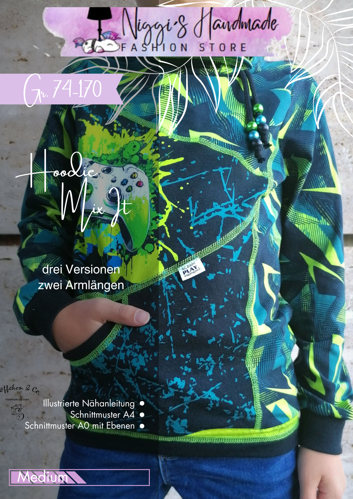 Fashion Ebook Schnittmuster für einen Hoodie Mix It für Kinder in den Größe 74-170 in DIN- A4 & DIN-A0 PDF zum download
