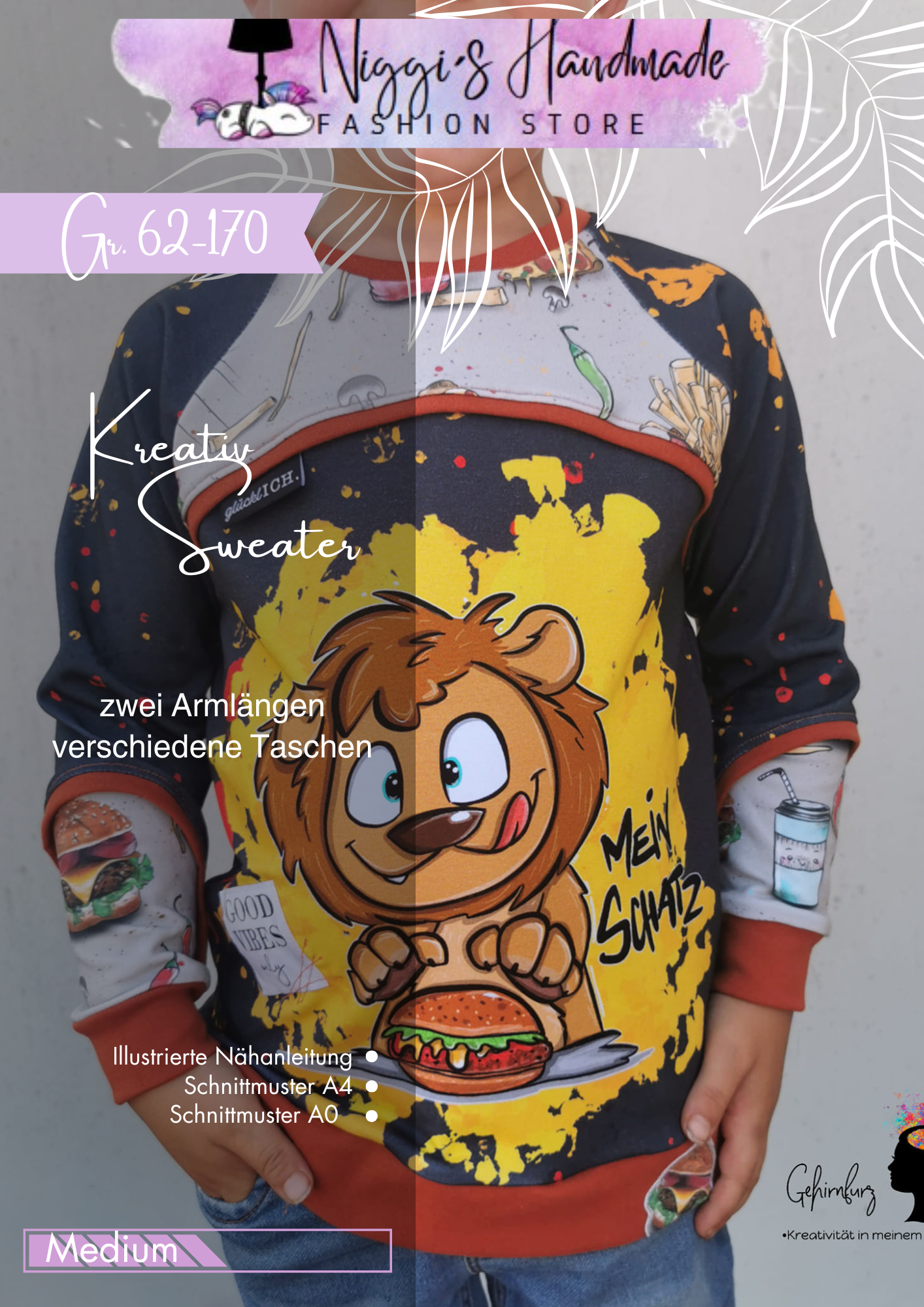 Fashion Ebook Schnittmuster für einen Kreativ Sweater in der Größe 62-170 in DIN- A4 & DIN-A0 PDF zum download