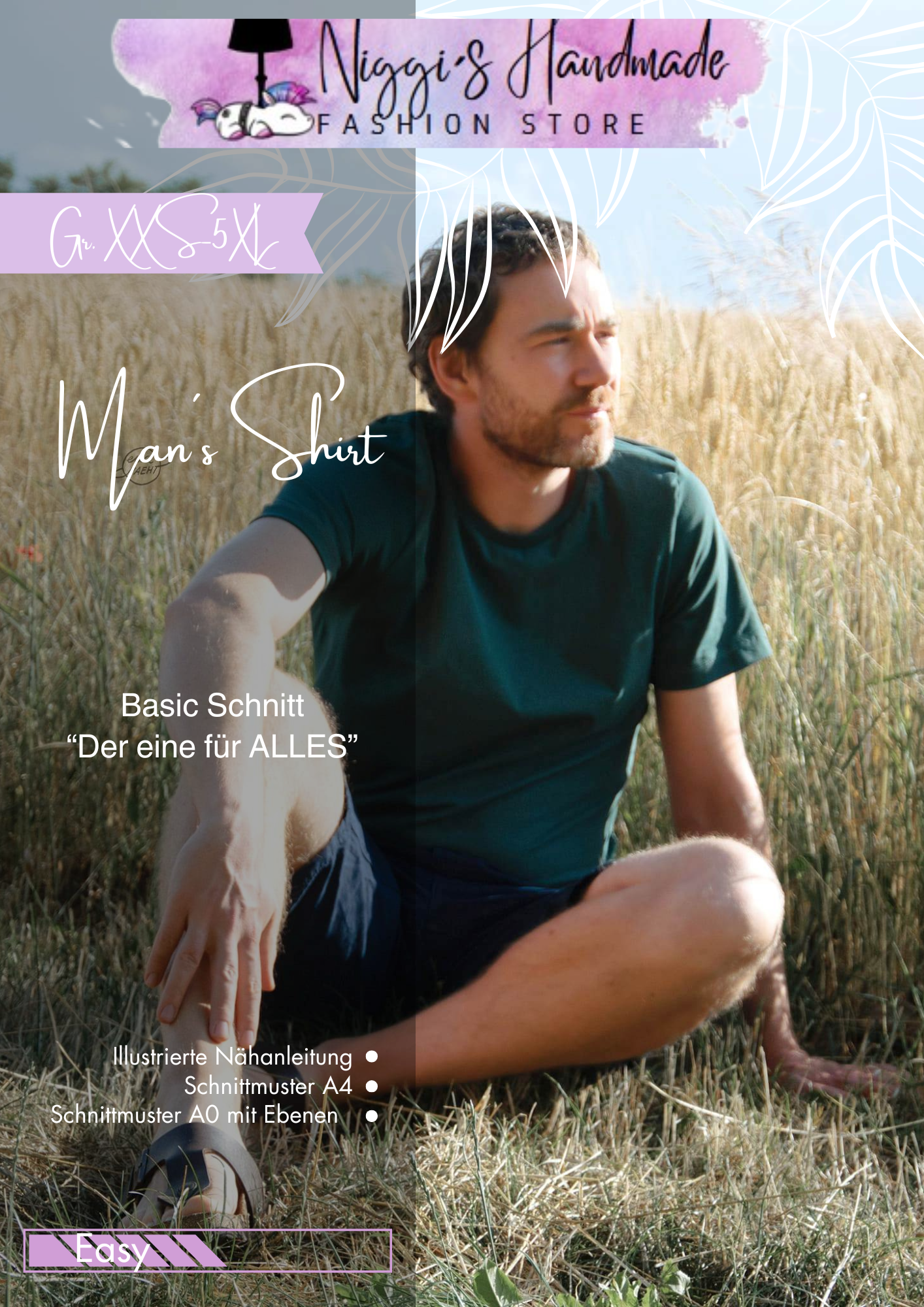 Fashion Ebook Schnittmuster für ein Basic T-Shirt für Herren in der Größe XXS bis 5XL in DIN- A4 & DIN-A0 PDF zum download