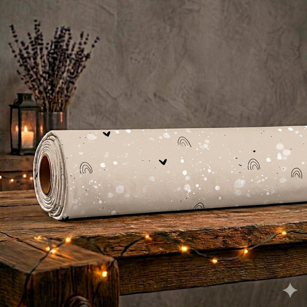 Eine aufgerollte Stoffrolle des hellbeigen French Terry Allover-Stoffs „Kleine Winterwunder“ von Niggi's Handmade liegt auf einem rustikalen Holztisch. Das Design im Vintage-Look zeigt feine weiße Sprenkel, kleine schwarze Herzen und minimalistisch gezeichnete Regenbögen. Im Hintergrund stehen getrockneter Lavendel und eine Laterne mit brennender Kerze, umrahmt von einer leuchtenden Lichterkette im Vordergrund.