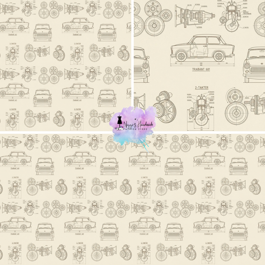 French Terry – Allover Trabant 601 Stoff „Technical Blueprint“ – Offizielle Lizenz - ÖKO-Tex 100 Eigenproduktion - Beige